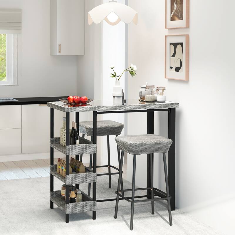 Mix Grey Rattan Metal Bar Table with Glass Top and 3 Storage Shelves - 43.5" L x 22" W x 41" H