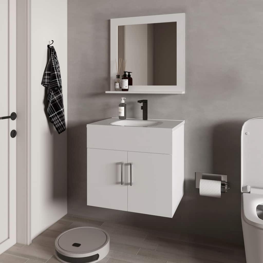 Slater Floating Bathroom Vanity Set with Sink, Two-Door Cabinet, and Mirror