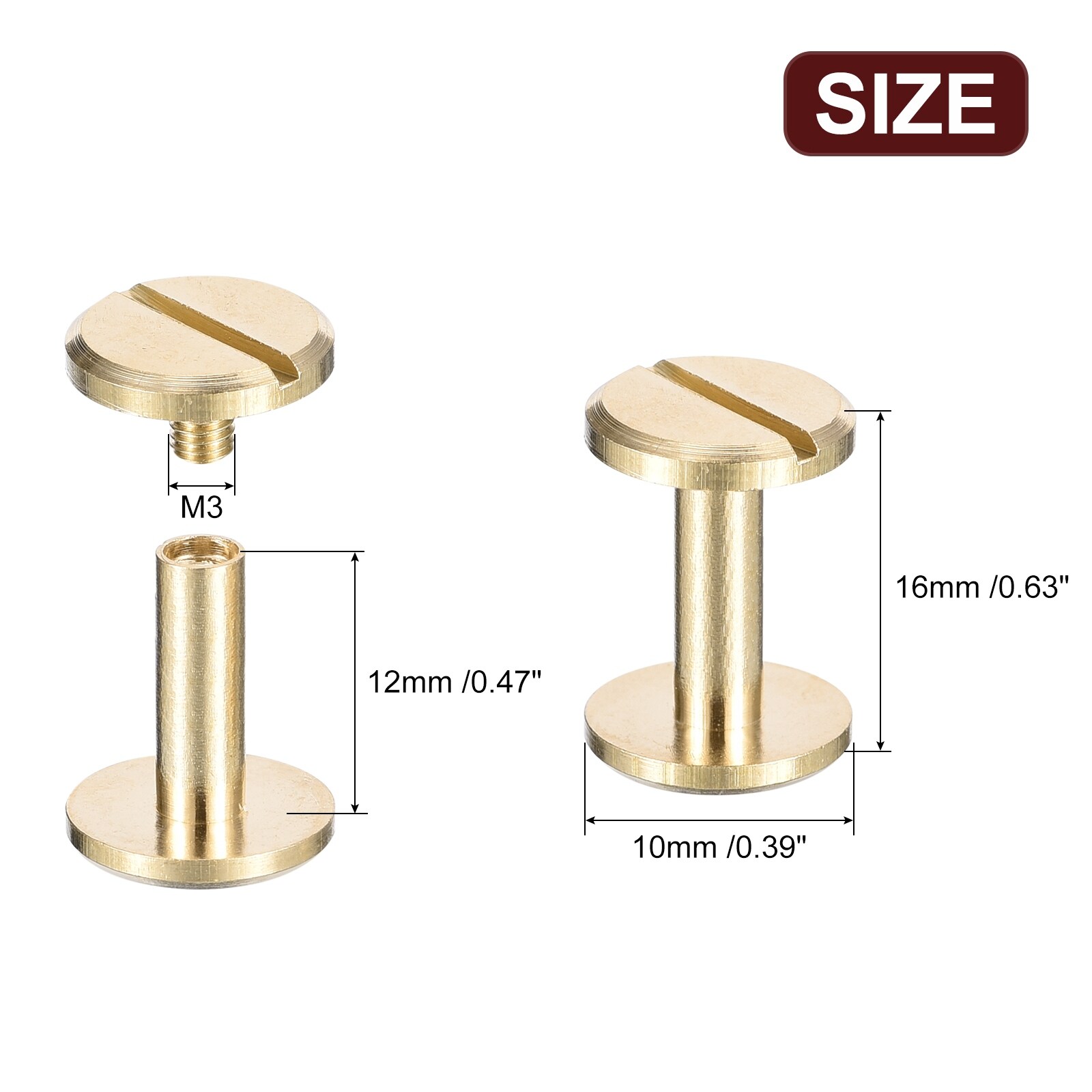 Brass Chicago Screws, Flat Head Screw Back Binding Post Nail Stud Rivets for DIY Leather Craft Belt