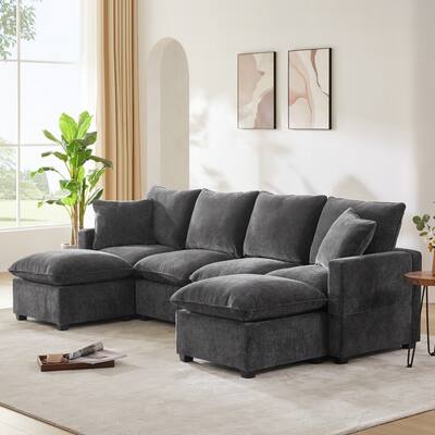 Modular Chaise Sectional Sofa with Ottoman and Pillows - Grey
