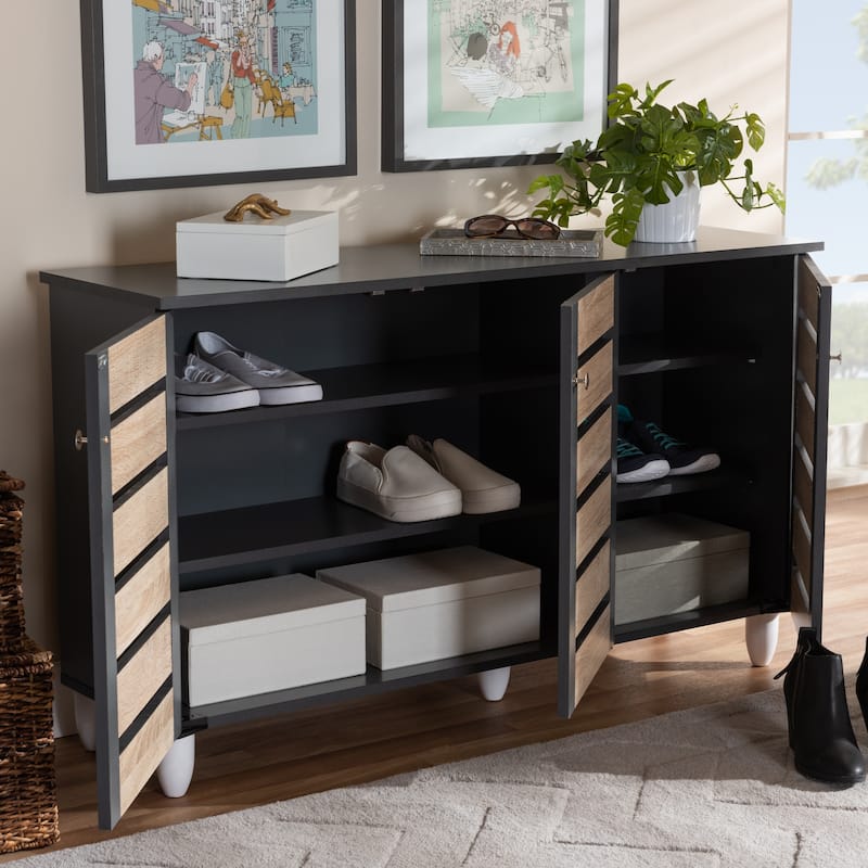 Contemporary 3-door Slatted Wood 14-pair Shoe Storage Cabinet