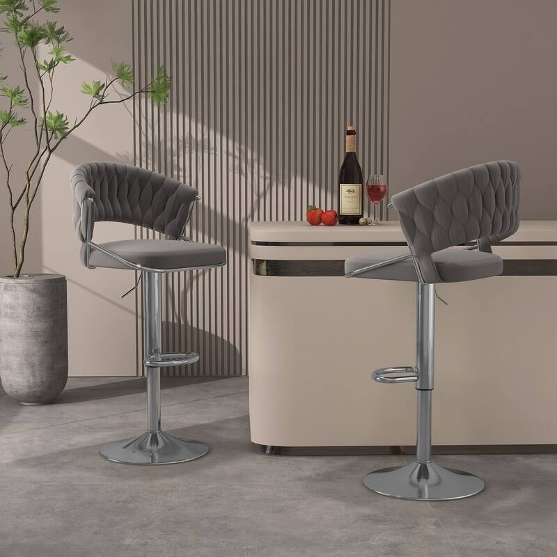 2/4 Set Velvet Adjustable Counter Stools Swivel Bar Stools With Backs - 24"-33" - Set of 2 - Grey-Sliver
