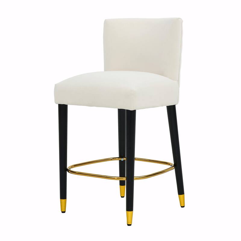 27-Inch Counterstool with Light-Colored Fabric and Gold-Tipped Circular Footrest