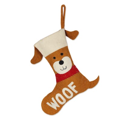 NOVICA Handmade Woof Wool Felt Christmas Stocking