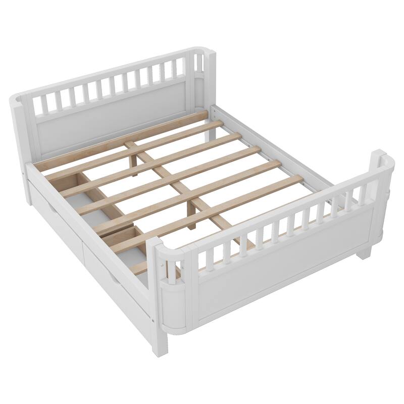 Wooden Kids Bed with 2 Storage Drawers, Guardrails and Removable Side Rail, Rounded Corners Frame Montessori Bed, Toddler Bed