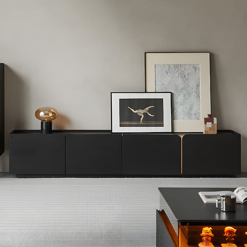 78.74" Modern TV Stands, Black Wood Texture, with 4 Large Cabinets for Storage