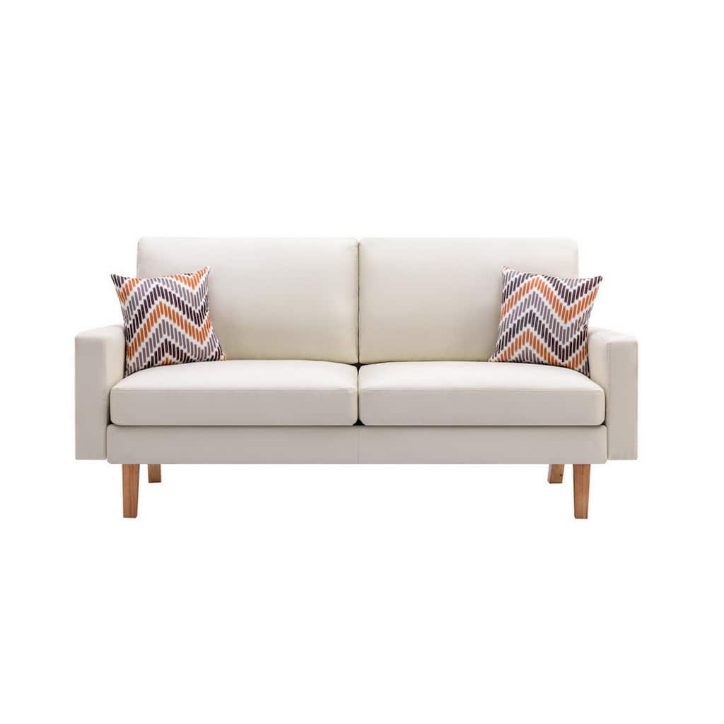 Gala Sofa, Crisp Soft Beige Linen Fabric, 2 Pillows, Brown Solid Wood Frame