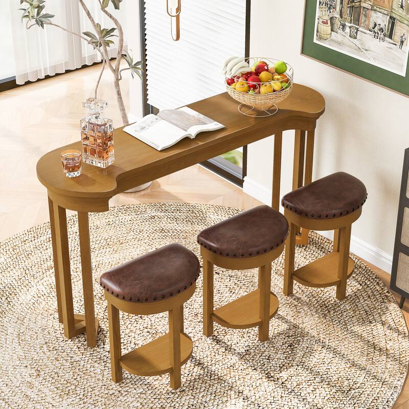 4 Piece Bar Table Set with 3 Bar Stools, Breakfast Table with 3 Padded Stools Solid Wood Counter Height Dining Table Set - Brown