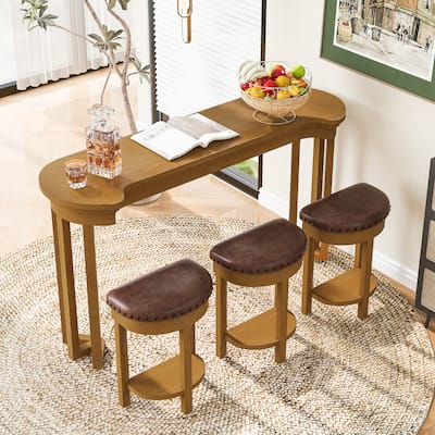 4 Piece Bar Table Set with 3 Bar Stools, Breakfast Table with 3 Padded Stools Solid Wood Counter Height Dining Table Set