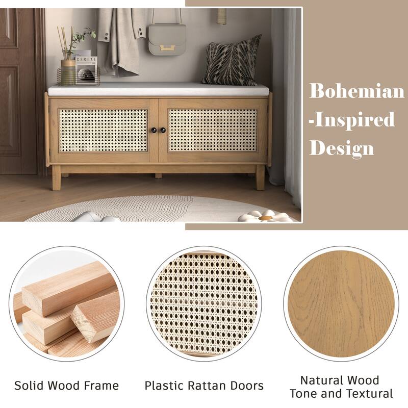 Roomfitters Entryway Storage Bench, Boho Rattan Cabinet, Hallway Organizer Seat with Cushion
