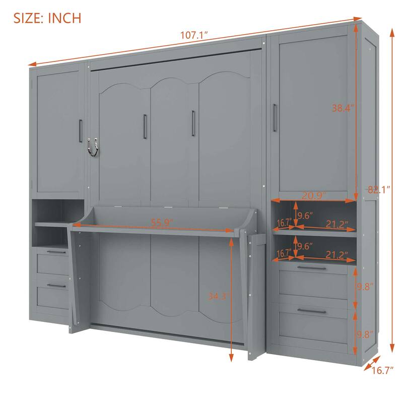 Full/Queen Size Horizontal Murphy Bed with Integrated Storage, Wood Wall Murphy Bed Frame with Closet, Drawers and Shelves