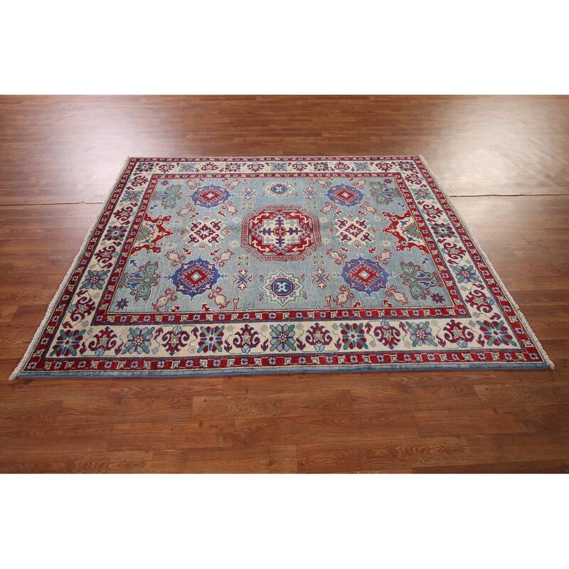 Blue Geometric Kazak Oriental Area Rug Hand-Knotted Wool Carpet - 5'0" x 6'6"