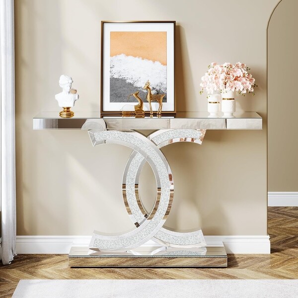 39 Inch Mirrored Console Table for Entryway Modern Silver Glass Sofa Table with Sparkling Crystal Inlays