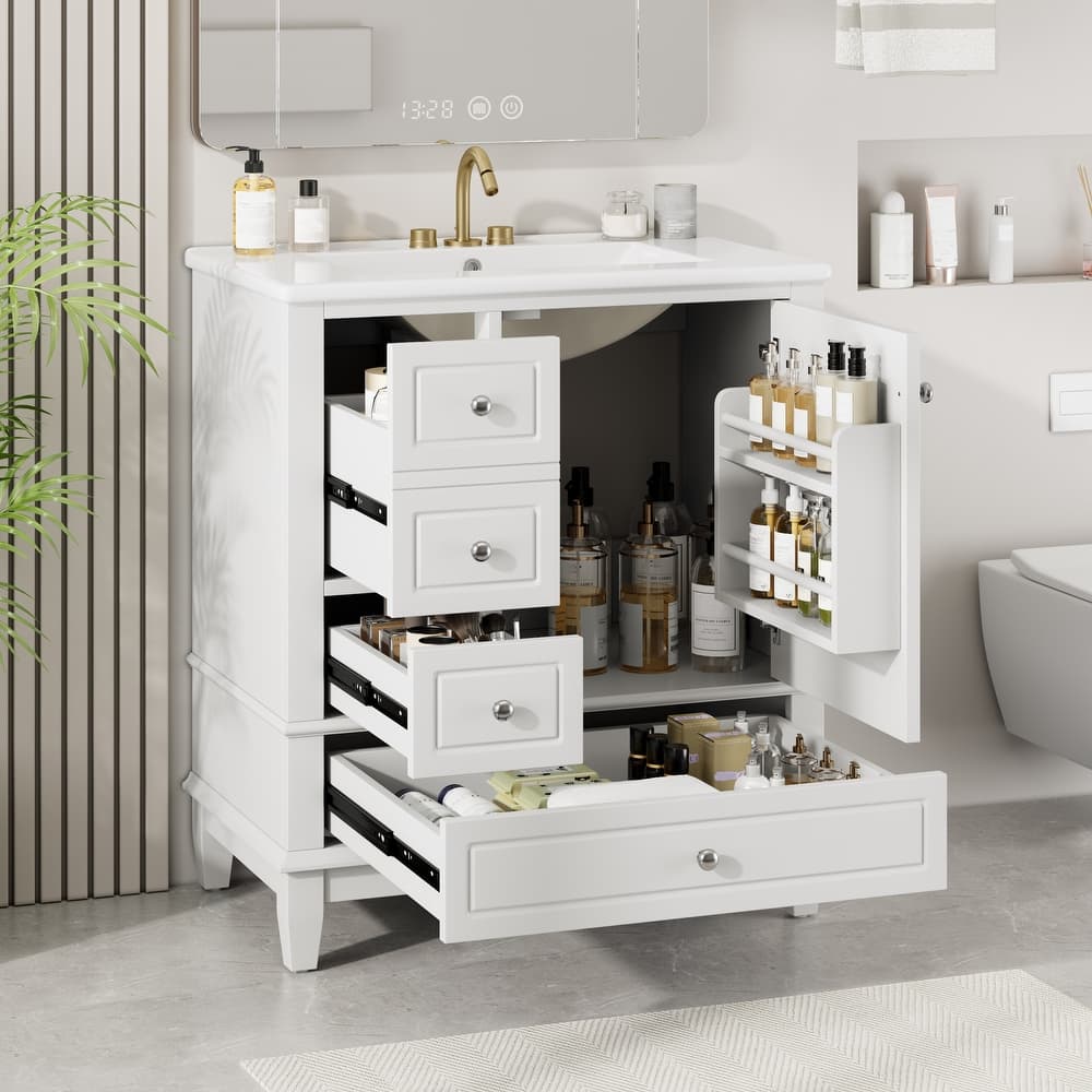 30" Bathroom Vanity with Sink - Soft Close Door, 3 Drawers & Storage Shelf, Modern Single Basin Cabinet