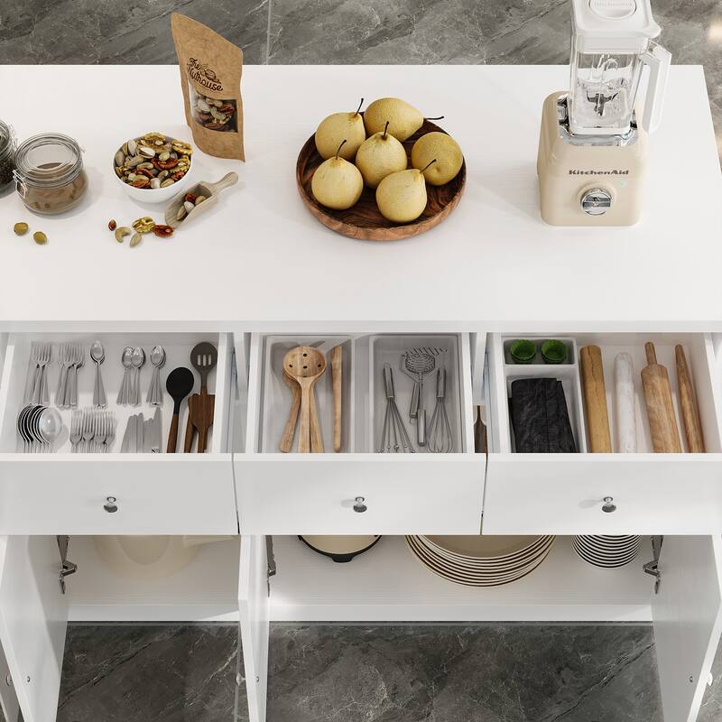 Modern Kitchen Island Buffet Cabinet with Storage Drawers and Tempered Glass Shelves, White Sideboard Cupboard
