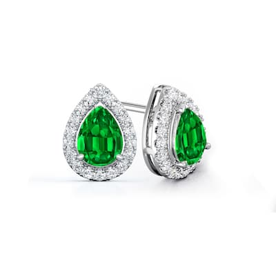 Auriya 14k Gold Lab Grown Gemstone Green Emerald Stud Earrings Pear 0.25 to 5.00 ct. tw. Halo Push-Back