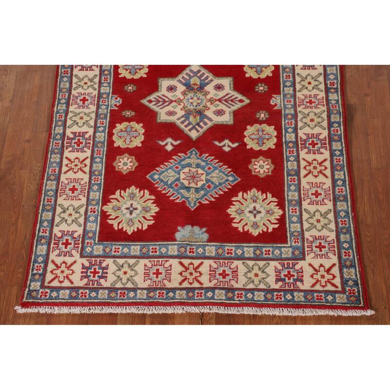 Red Geometric Kazak Oriental Accent Rug Hand-Knotted Wool Carpet - 3'4"x 4'10"