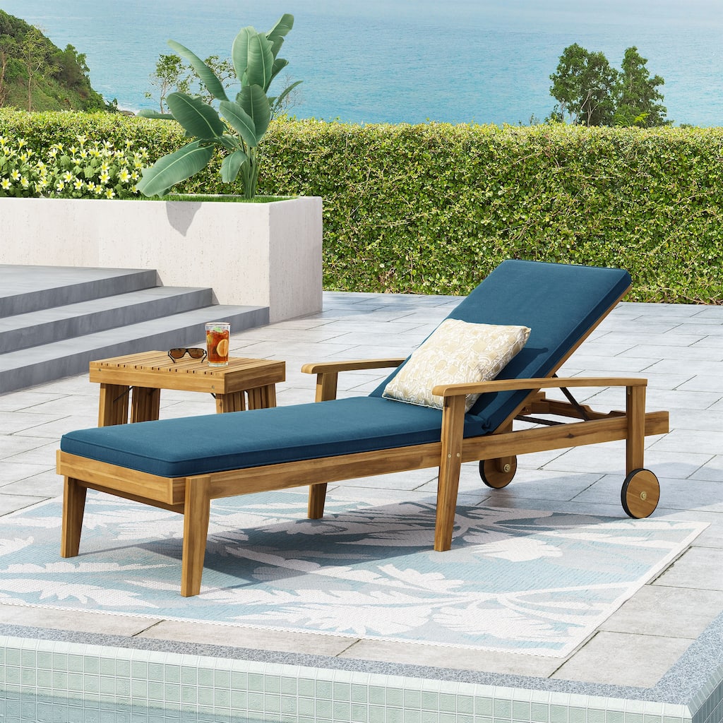 Rossetta Acacia Wood Adjustable Seating Non-porous Fabric Chaise Lounge with Thin Slat Panels