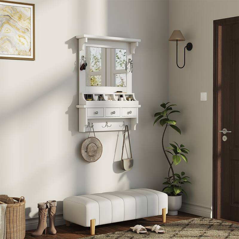White MDF Floating Makeup Vanity with HD Mirror, Drawers and Hooks - 23.75” W x 31.75” H