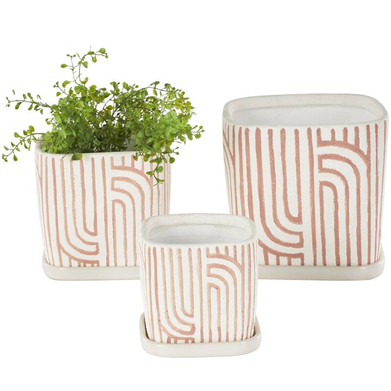 Black, Green or Pink Ceramic Arched Patterned Geometric Indoor Outdoor Planter with Attached Saucer (Set of 3)
