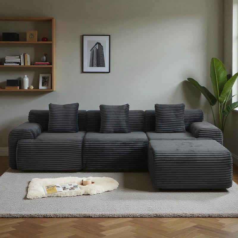 114" Corduroy Modular Sectional Sofa, Boneless Design with 4 Configurable Modules, Wide Backrest & 3 Pillows, No Assembly - Black