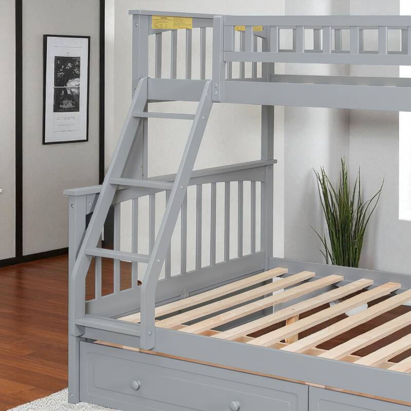 Twin over Full Bunk Bed with Drawers, Convertible to 2 Beds, Pine/MDF, Staircase & Guardrails, 79.7 x 57.5 x 61.2 in