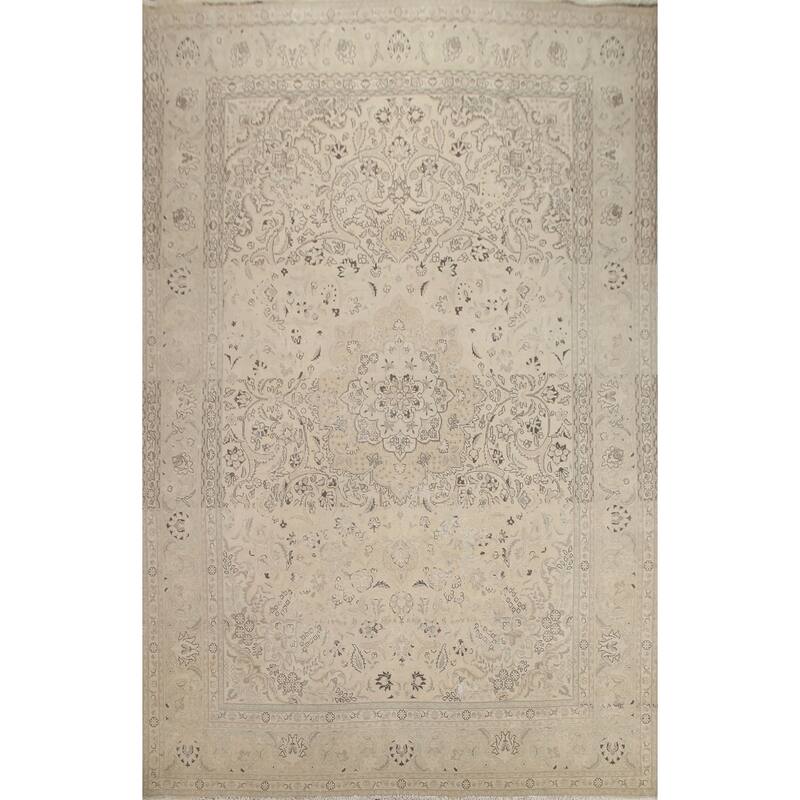 Hand Knotted Oriental 100% Wool Carpet Traditional Floral Beige & Ivories Tabriz Area Rug - 12' 8'' X 9' 9''