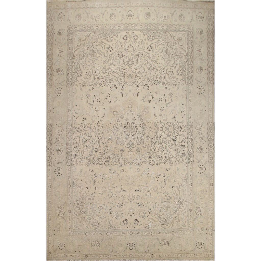 Hand Knotted Oriental 100% Wool Carpet Traditional Floral Beige & Ivories Tabriz Area Rug - 12' 8'' X 9' 9''