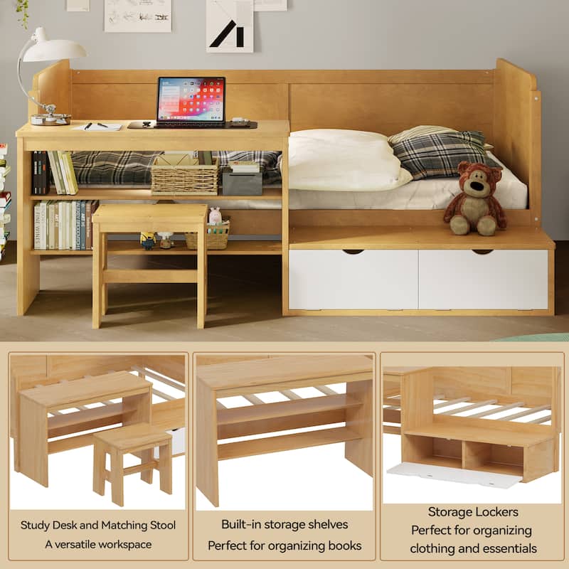 Twin Size Natural Wood Daybed with Study Desk & Storage (350lb Capacity)