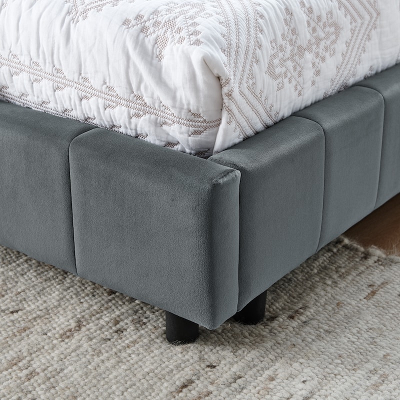 Queen Size Upholstered Tufted Bed Frame with Backrest and Armrests, Velvet Grey, Easy Assembly