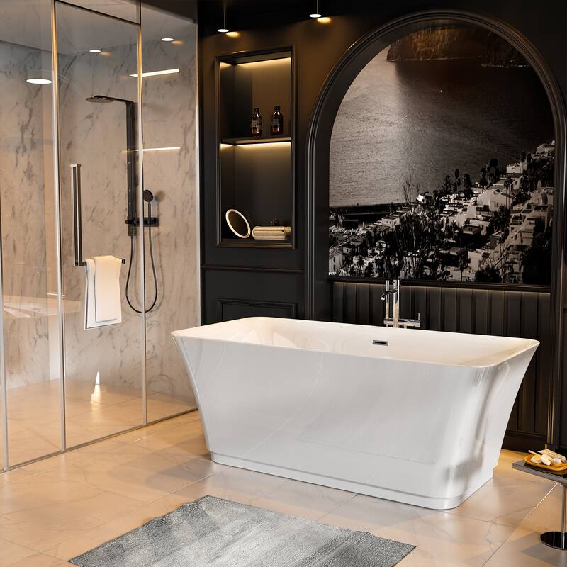 Empava 59 in. x 29.5 in. Freestanding Flat Bottom Bath Tub Soaking Bathtub with Center Drain in White