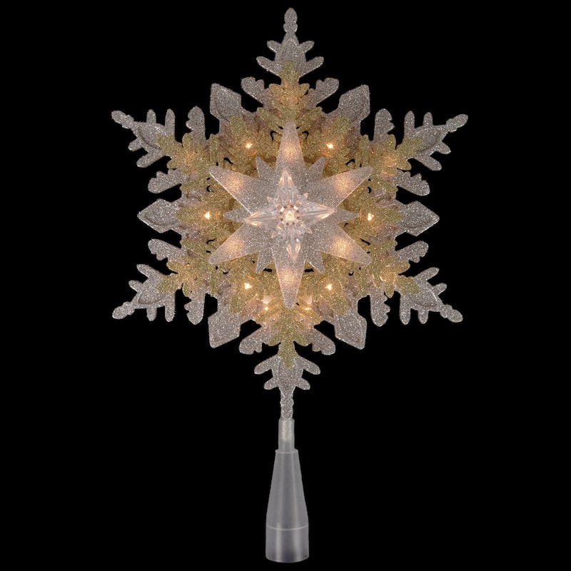 13.75" Lighted Gold and Silver Snowflake Christmas Tree Topper, Clear Lights