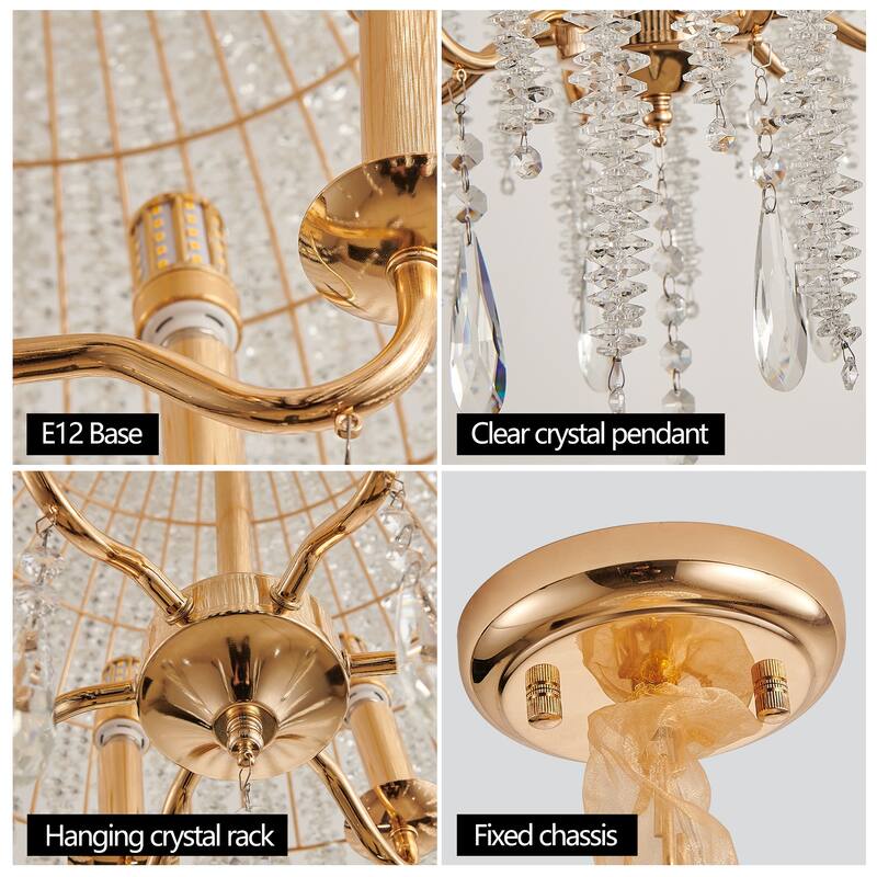 20 Inch 6-Light K9 Crystal Pendant Light Chandelier- Elegant Waterfall Design with Cascading Crystal Bead Strings - Gold