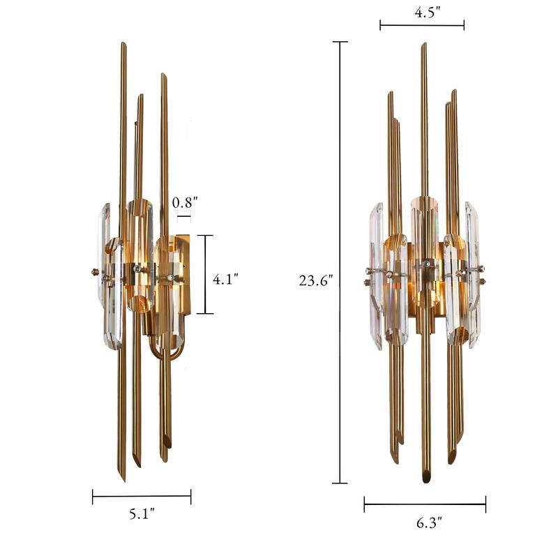 Modern Gold Crystal 1-Light Wall Sconce Bathroom Vanity Light - W 6.3" x L 23.6" x H 5.1"