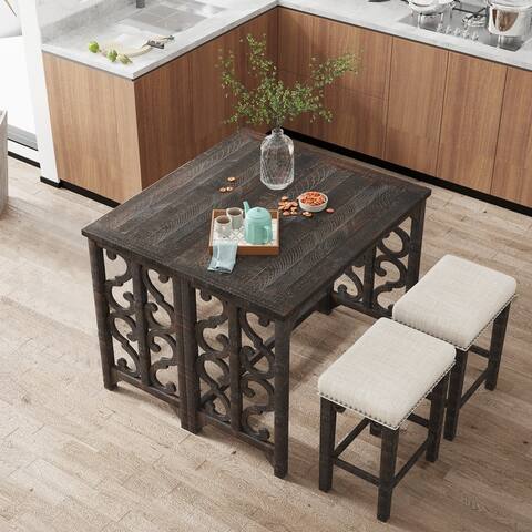 3-Piece Retro Dining Set Solid Wood Counter Height Pub Set Foldable Table with 2 Saddle Stools for Kitchen