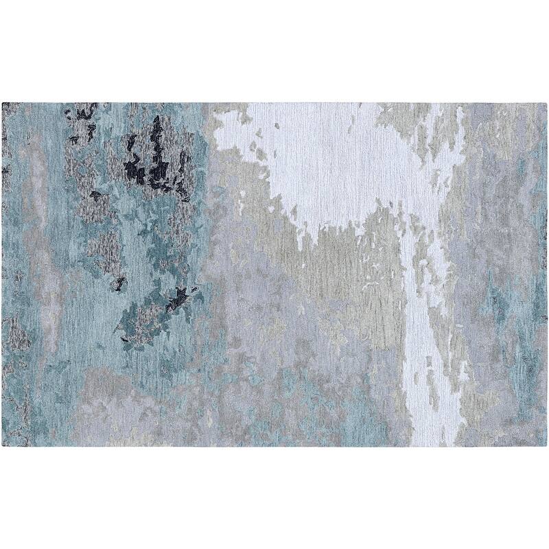 Handmade Emeralda Collection Blue/Tan/Ivory Wool and Viscose Area Rug - 5'x8'