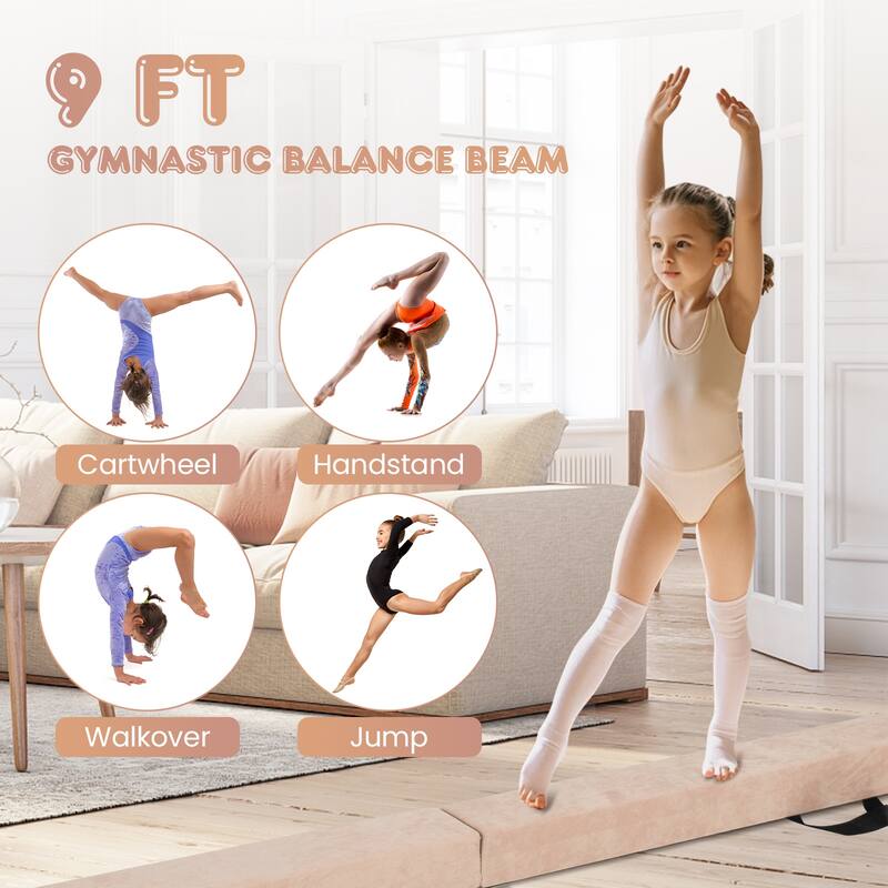 Gymax 9 FT Folding Gymnastic Beam w/Anti-slip Base Pine Wood Frame