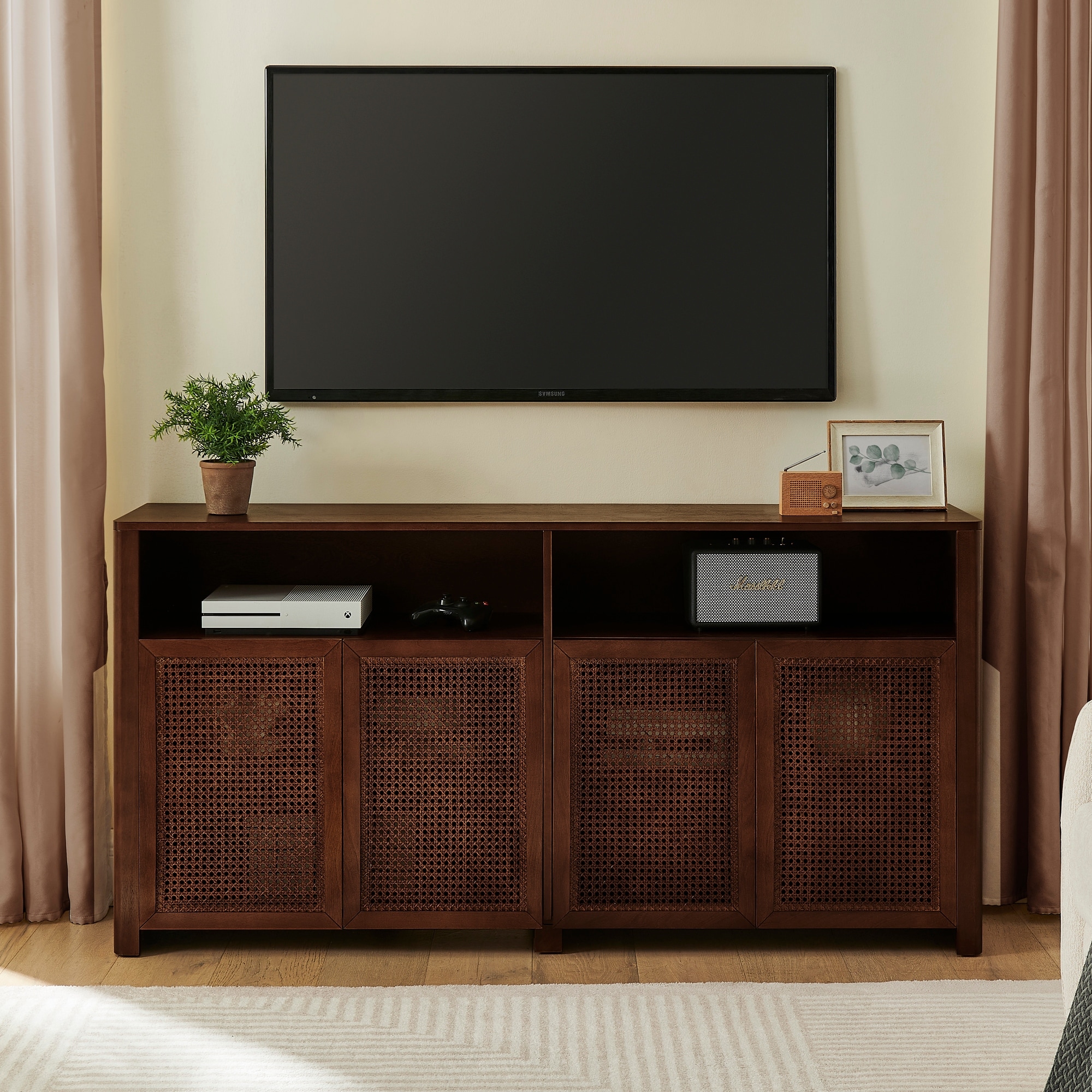 Mid Century Modern Rattan Sideboard Buffet Storage Cabinet Large Media Console Table