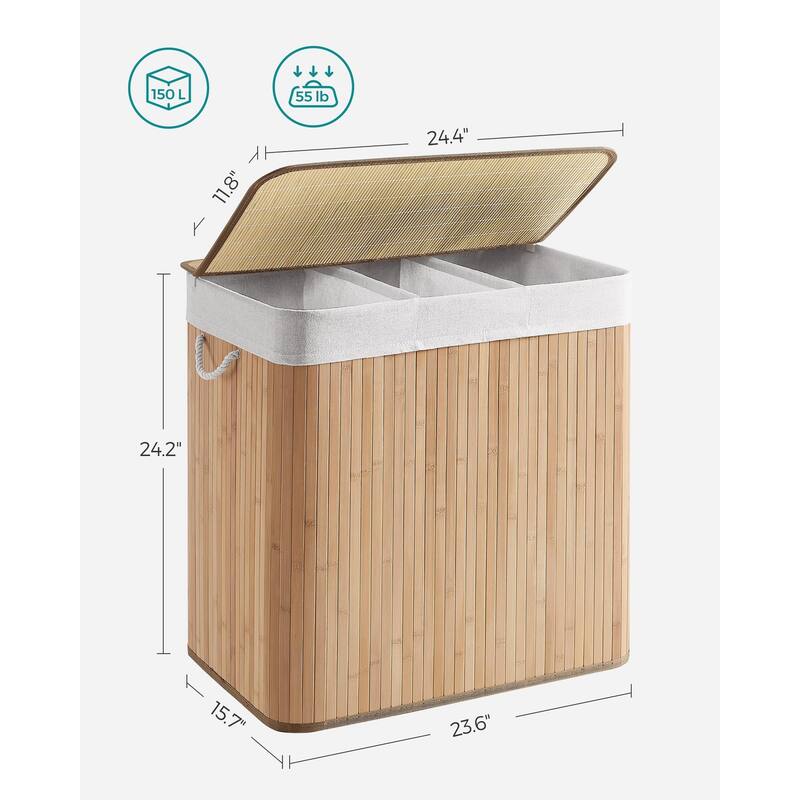 Laundry Hamper, 39.6 Gallons (150L),3-Section Laundry Basket, Laundry Hamper with Lid, Bamboo,Removable & Machine Washable Liner