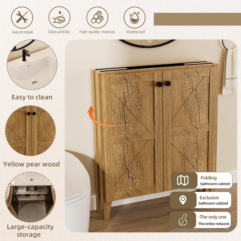 30 Inch Folding Bathroom Floor Cabinet with Ceramic Sink, 1-Minute Tool-Free Install, Space-Saving Freestanding Vanity