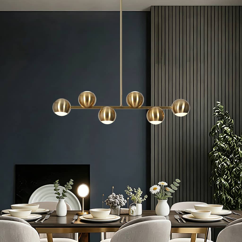 Modern 6-Light Gold LED Chandelier Metal Linear Island Lights for Dining Room