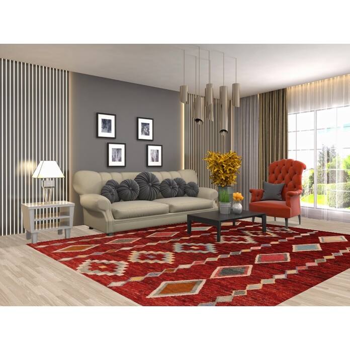 Red Geometric Moroccan Oriental Rug Hand-Knotted Tribal Wool Carpet - 8'1" x 9'9"