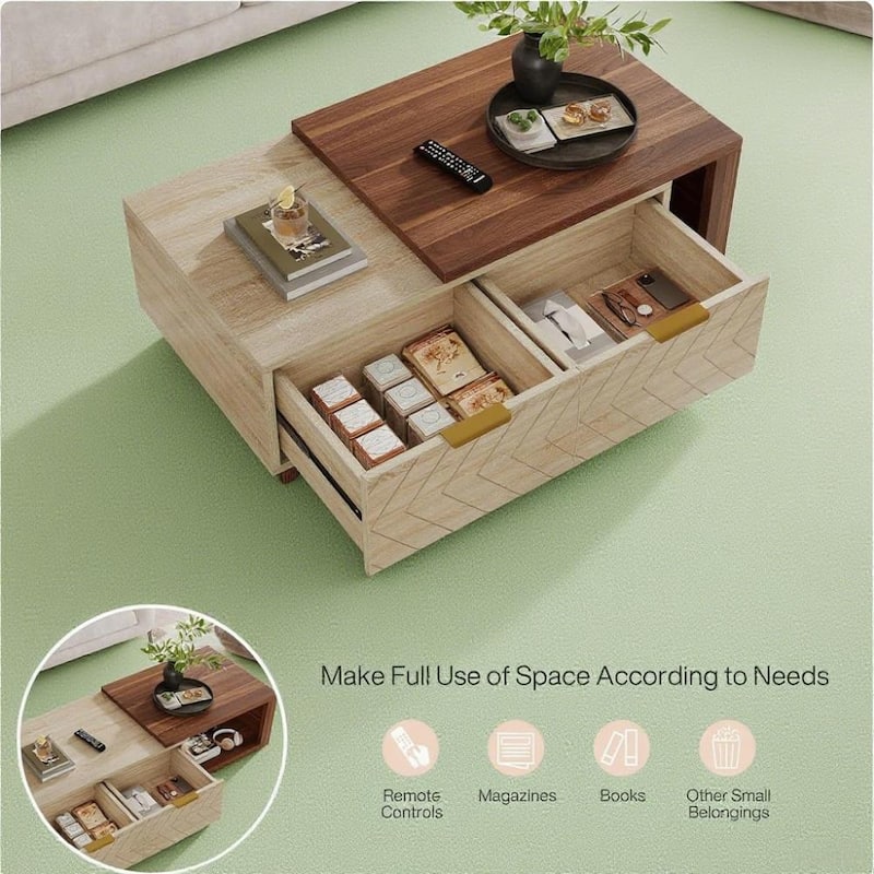 Wood Coffee Table with Expandable Top and 2 Drawers - 42.13 L x 23.62 W x 16.54 H inches