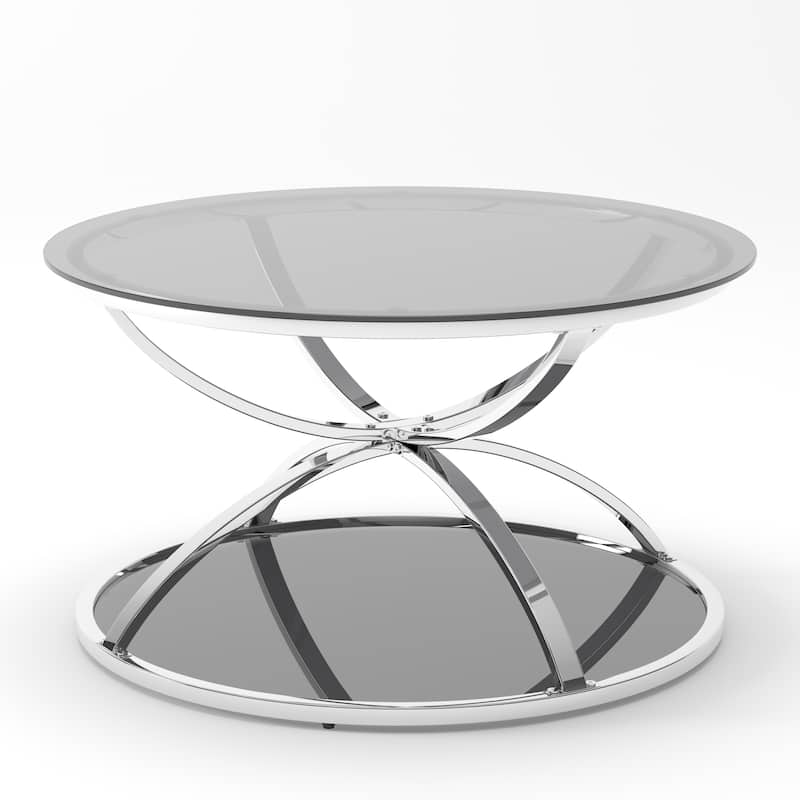 31.50"Modern Glass Coffee Table with 2 Tiers, Ring-Shaped Frames, Chrome Finish and Gray Tempered Glass, Round Coffee Table