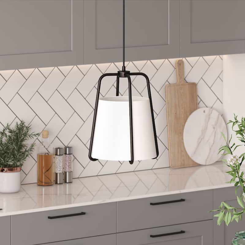 Marduk Contemporary Antique Pendant with White Linen Shade - Blackened Bronze