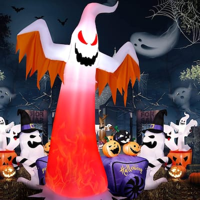 Costway 8 FT Halloween Inflatable White Ghost with Rotatable Flame LED