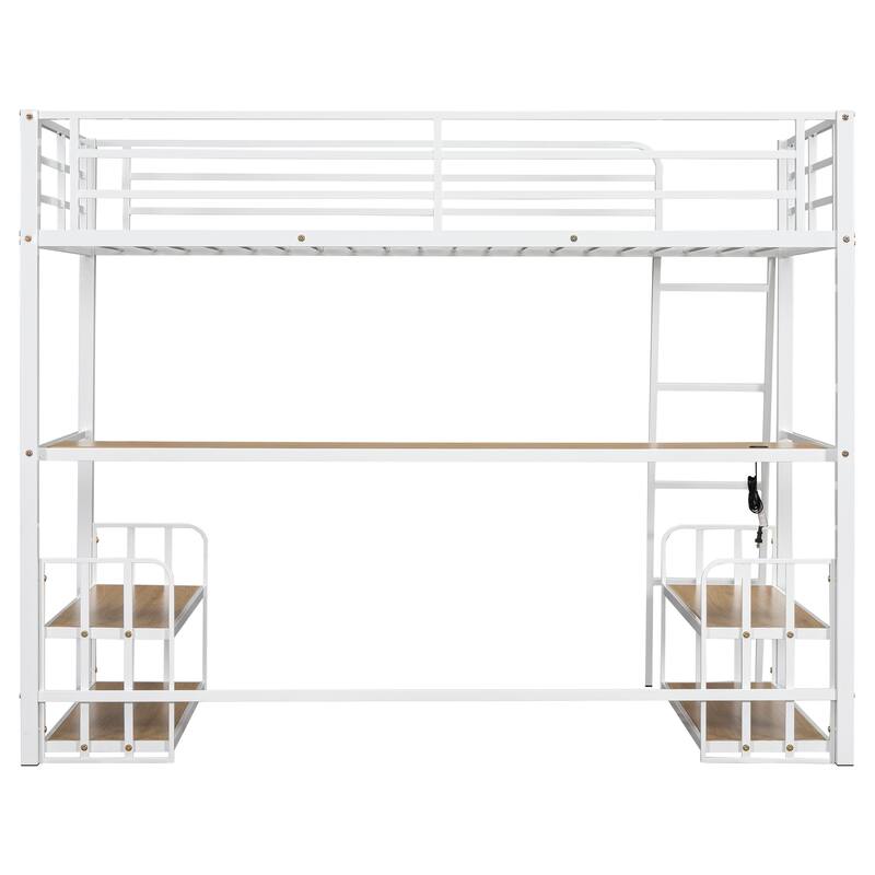 Heavy Duty Metal Bed Frame, Twin Size Loft Bed with Wood Desktop Desk, Storage Shelves and Charging Station for Bedroom