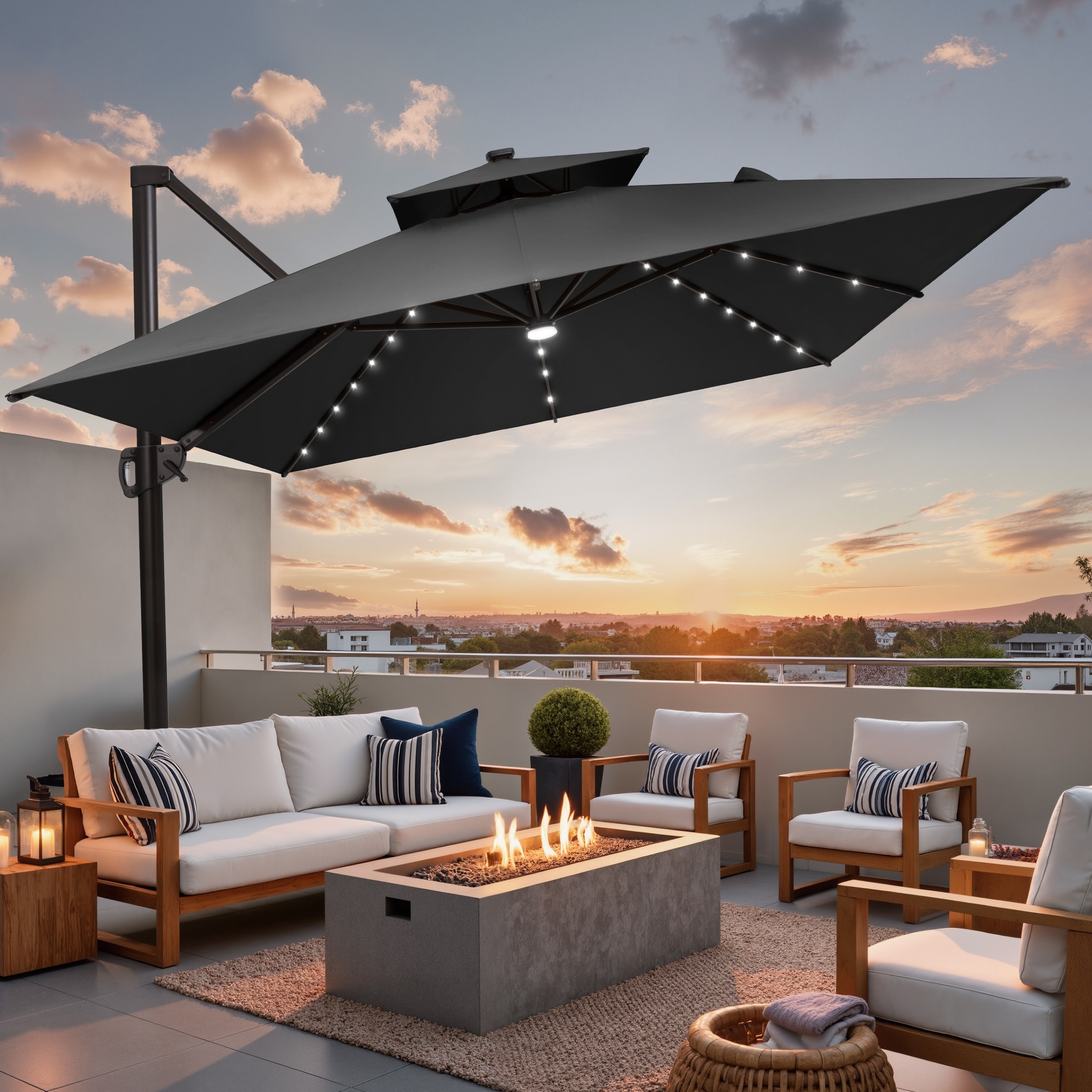 9 X 11 FT Outdoor Patio Cantilever Umbrella with Solar Lights Double Canopy 360 Rotation Tilt