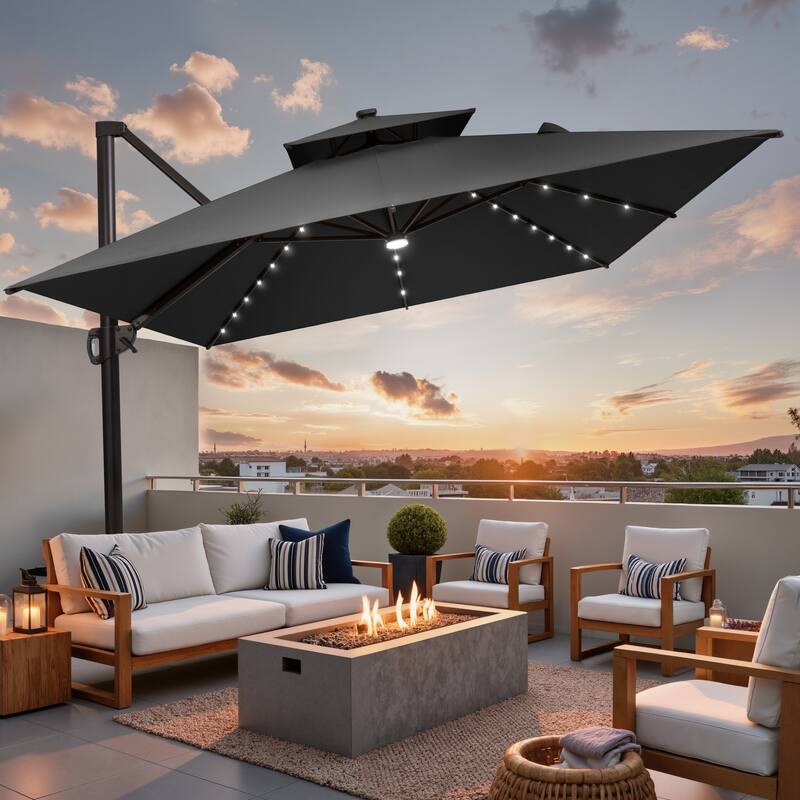 9 X 11 FT Outdoor Patio Cantilever Umbrella with Solar Lights Double Canopy 360 Rotation Tilt - Black