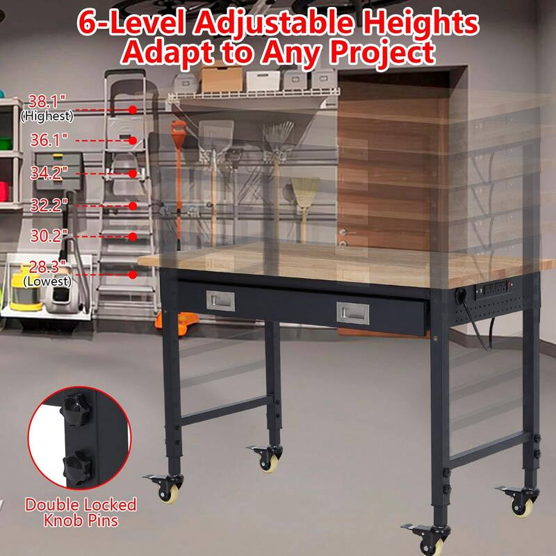 Heavy Duty Adjustable Height Workbench with Casters and Drawer - 48"x24"